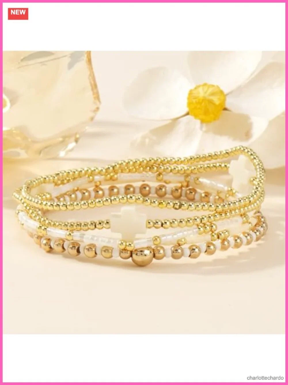 Gold Plated Beaded Bracelet Stack Cross Charm Stretch Bracelet Boho Christian
